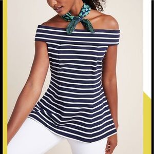 Maeve Structured Navy Striped Off Shoulder Top XS